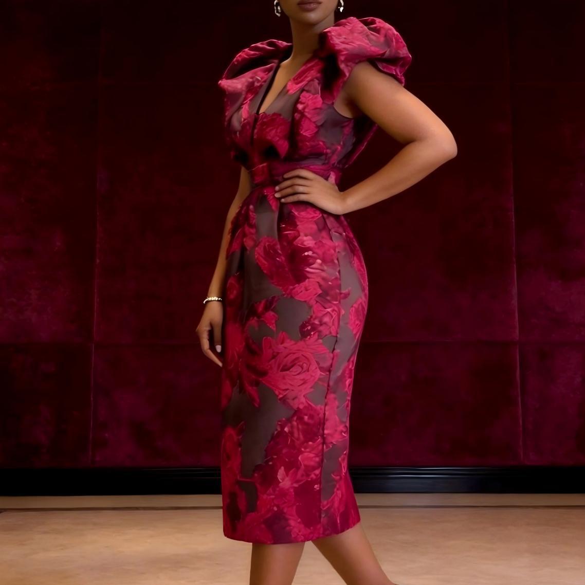 QMANSHA Plus Size Burgundy Flo - Midi Dress 评论和价格