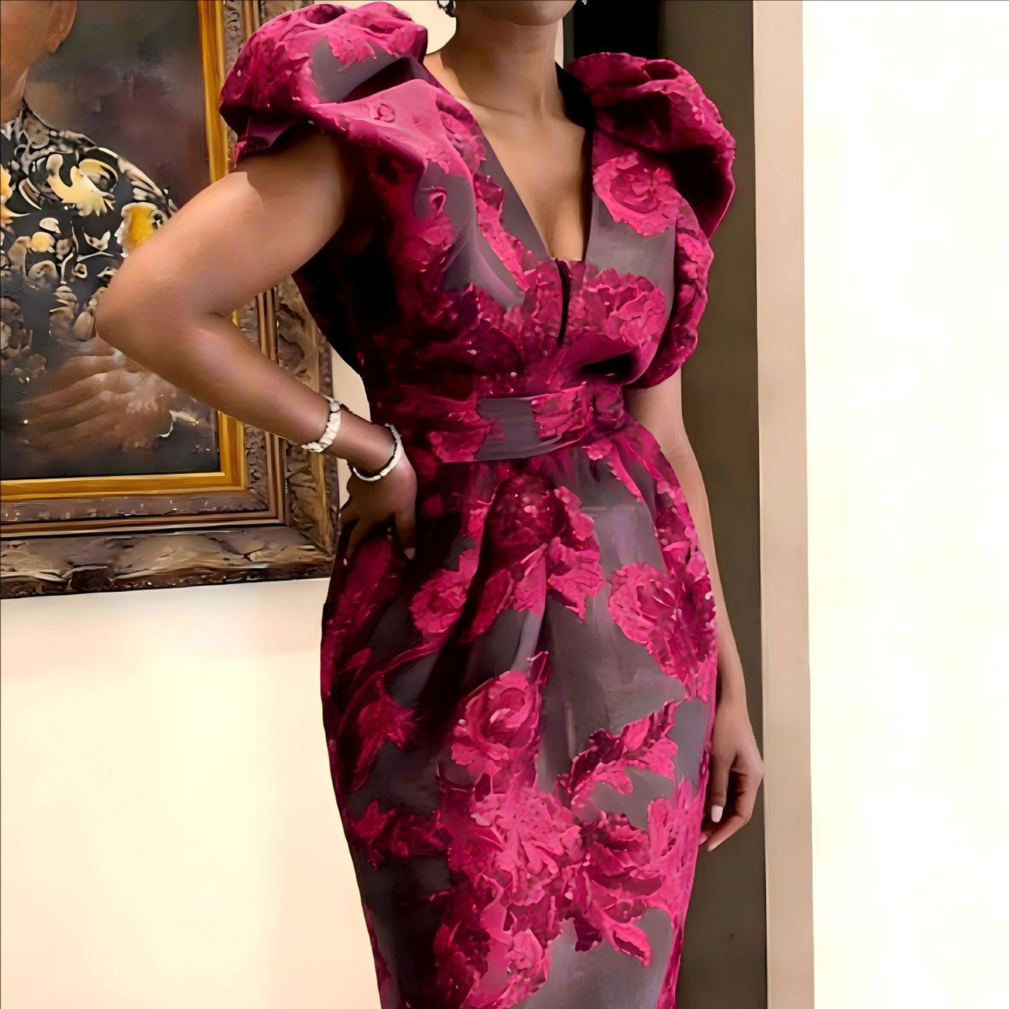 QMANSHA Plus Size Burgundy Flo - Midi Dress 评论和价格