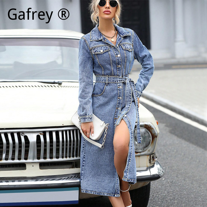 Women Long Sleeve Denim Dress  - Midi Dress 评论和价格